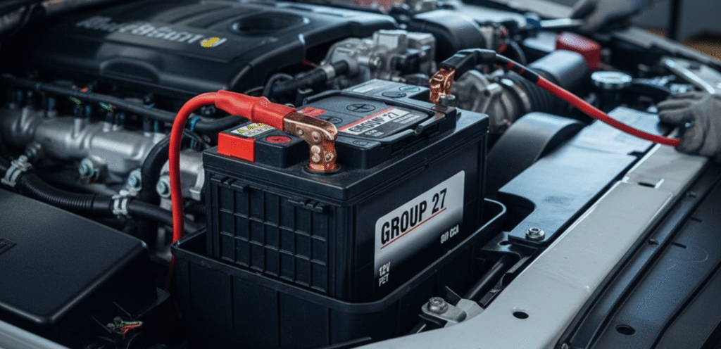 Group 27 car battery connected inside an engine compartment