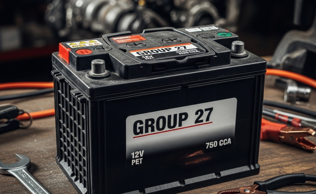 12V Group 27 Battery with 750 CCA on a workshop table