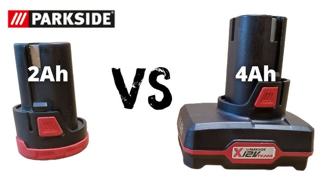 Parkside 2Ah vs 4Ah batteries side by side comparison, showing size difference
