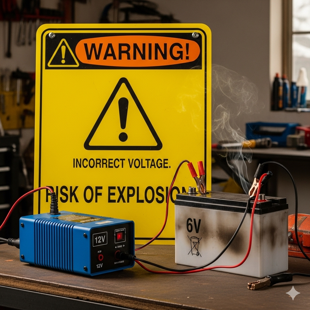 Warning sign showing risk of explosion due to incorrect voltage, with a 12V charger connected to a 6V battery causing smoke