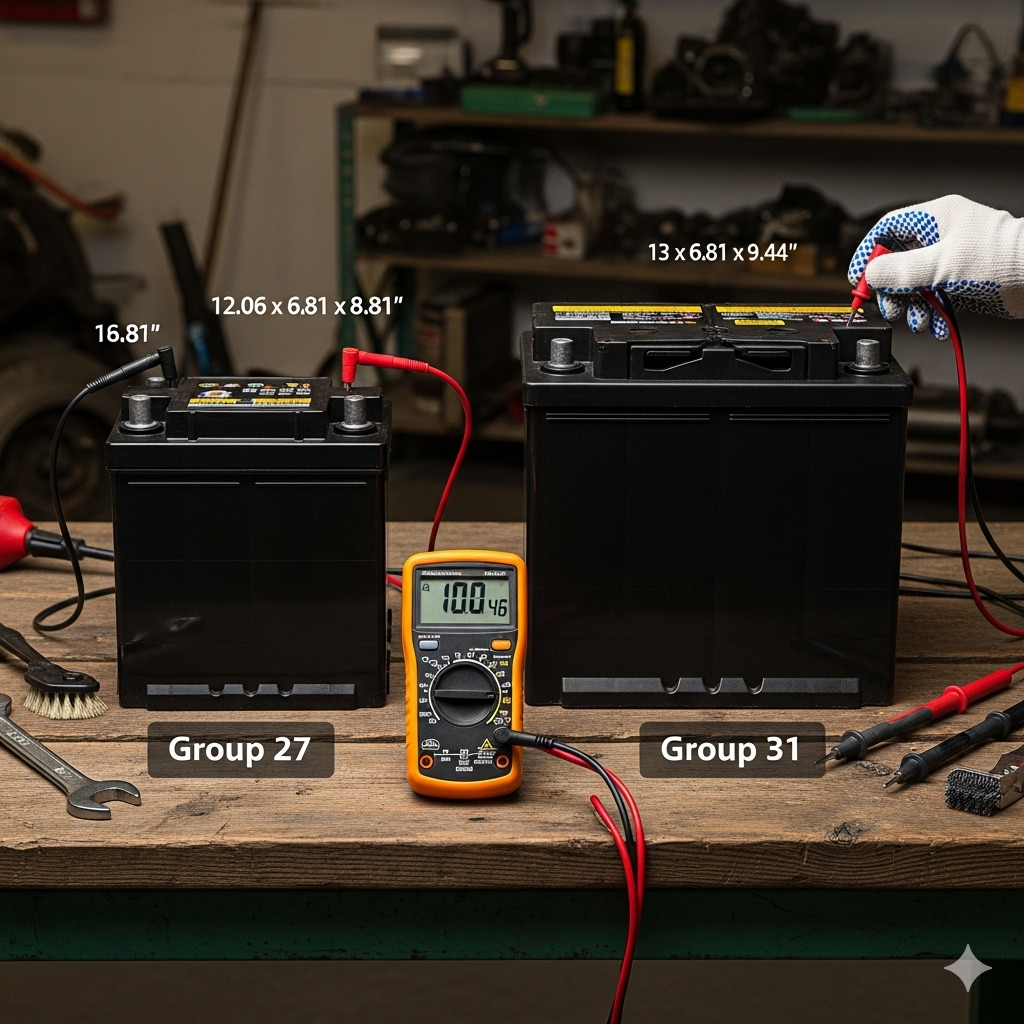 Side-by-side comparison of Group 27 and Group 31 batteries showing their dimensions and size differences, with a digital multimeter measuring voltage.