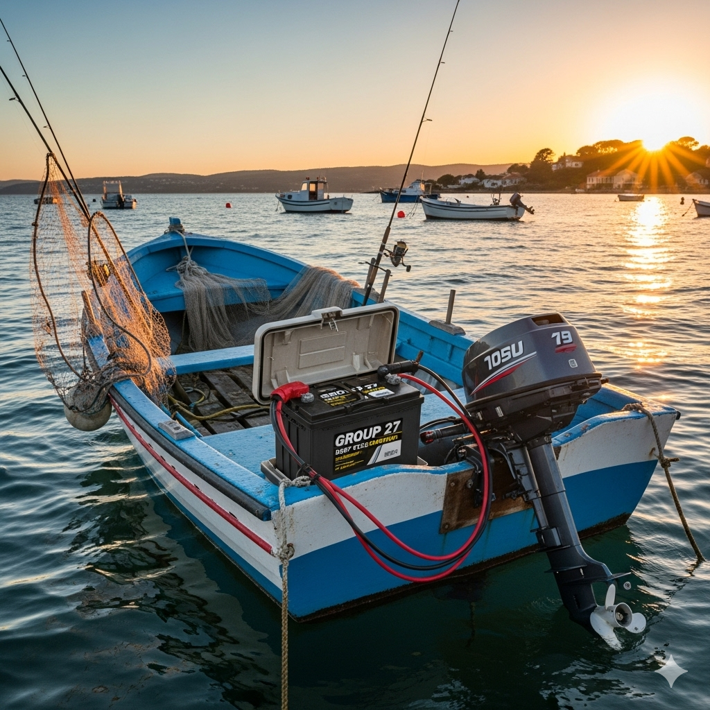 roup 27 marine battery powering a small fishing boat with outboard motor at sunset, showing typical application for marine use.