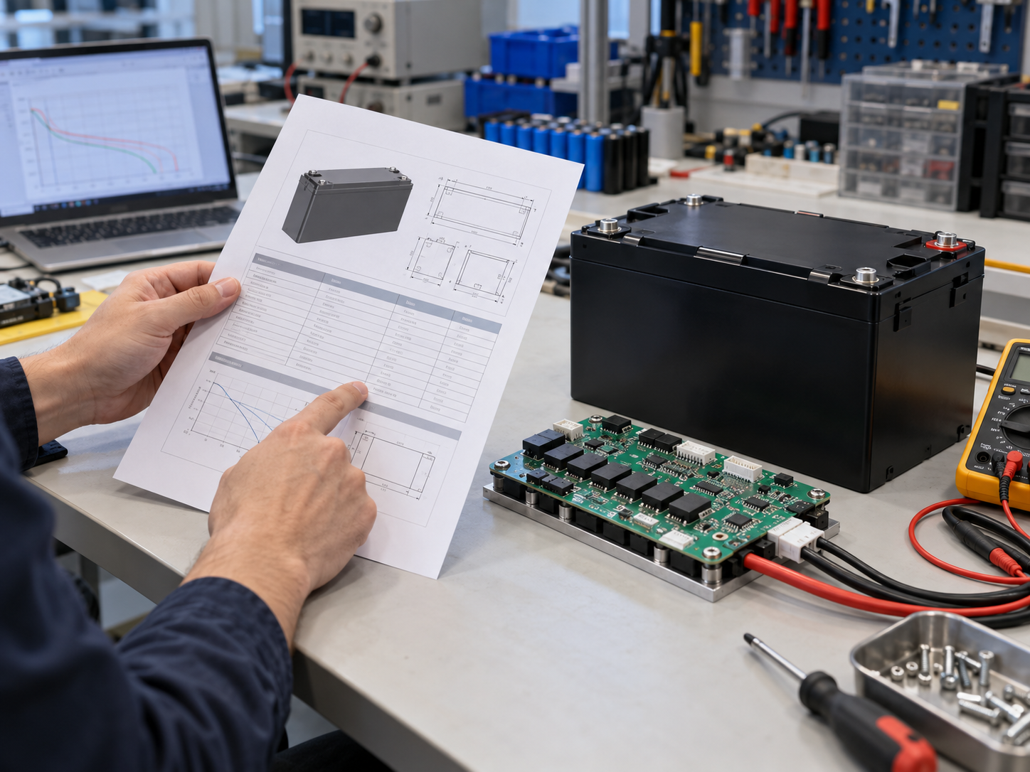 Engineer comparing a LiFePO4 battery specification sheet with a battery pack and BMS board on a desk