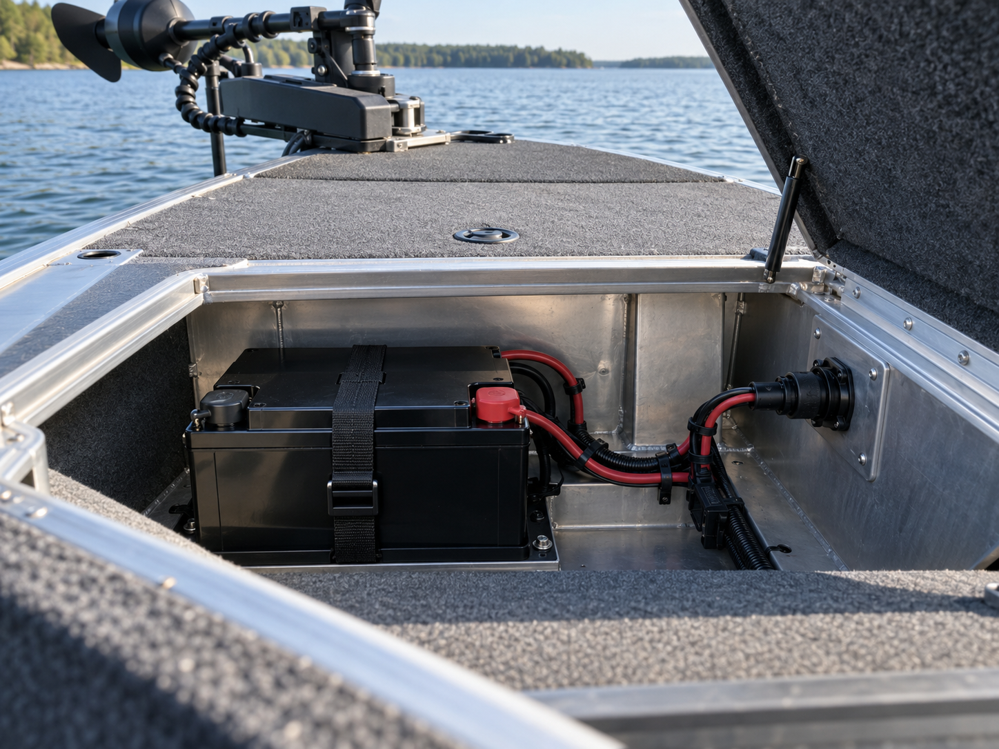 Lithium and lead-acid deep-cycle marine batteries side by side with cables and terminal covers on a workbench