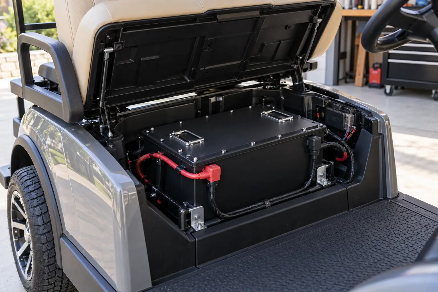 Electric golf cart with the seat raised and a single LiFePO4 battery pack mounted in the battery compartment with heavy gauge cables