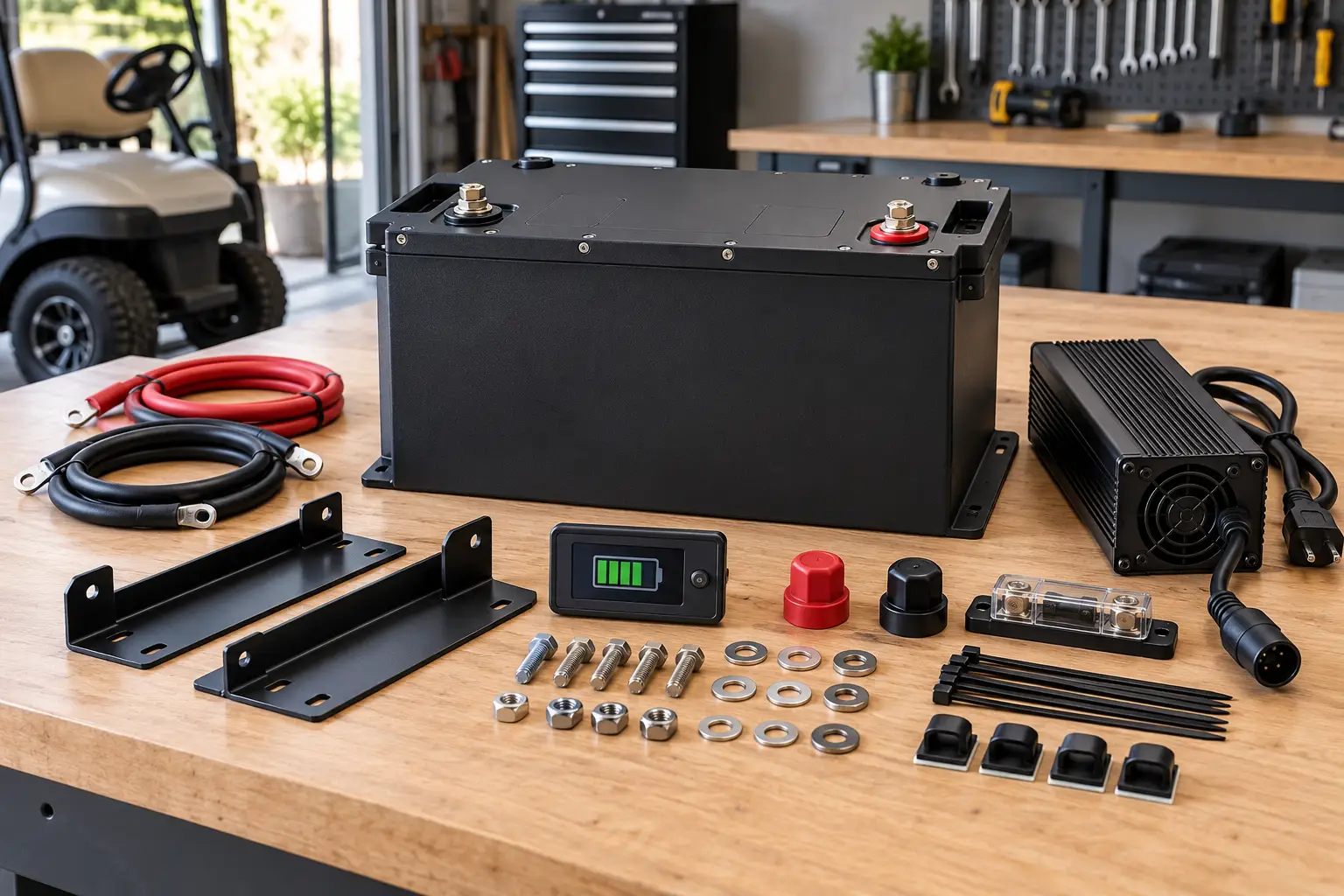 Golf cart lithium conversion kit laid out on a workbench with a LiFePO4 battery pack, charger, cables, brackets and a battery meter