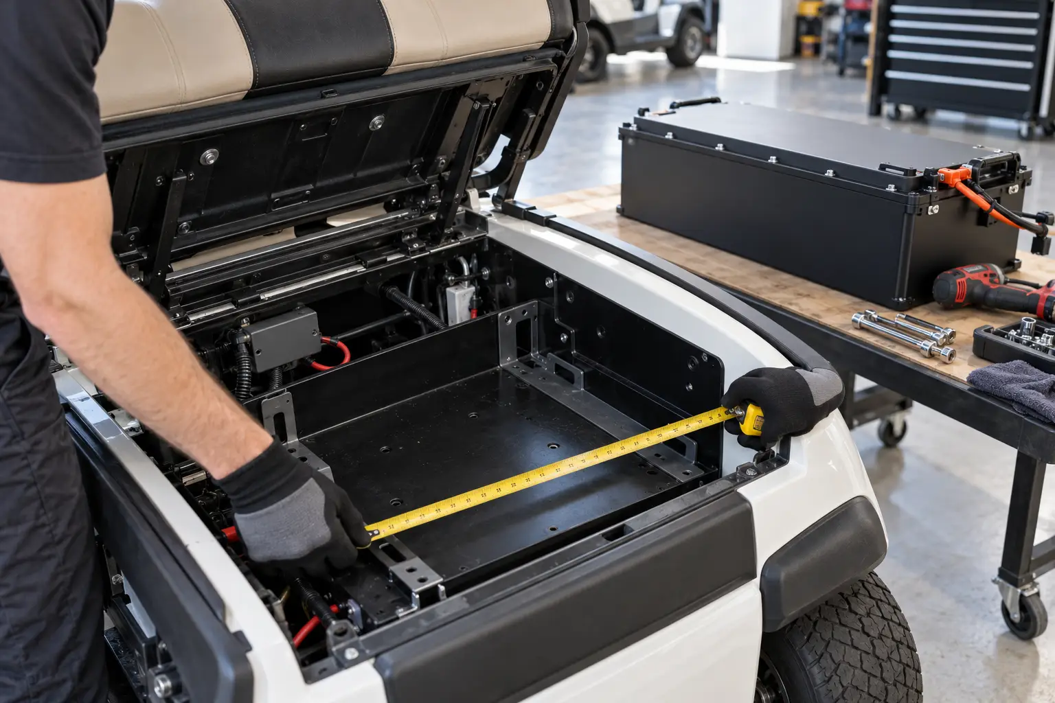 Technician measuring the battery tray of an electric golf cart with a tape measure before fitting a single lithium pack